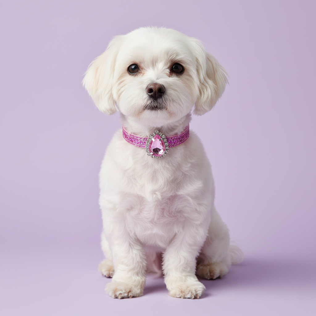 White Maltese dog sitting tall and facing camera wearing a pink glitter rhinestone collar with oval pink crystal pendant, luxury bling dog collar for small breeds on lavender background