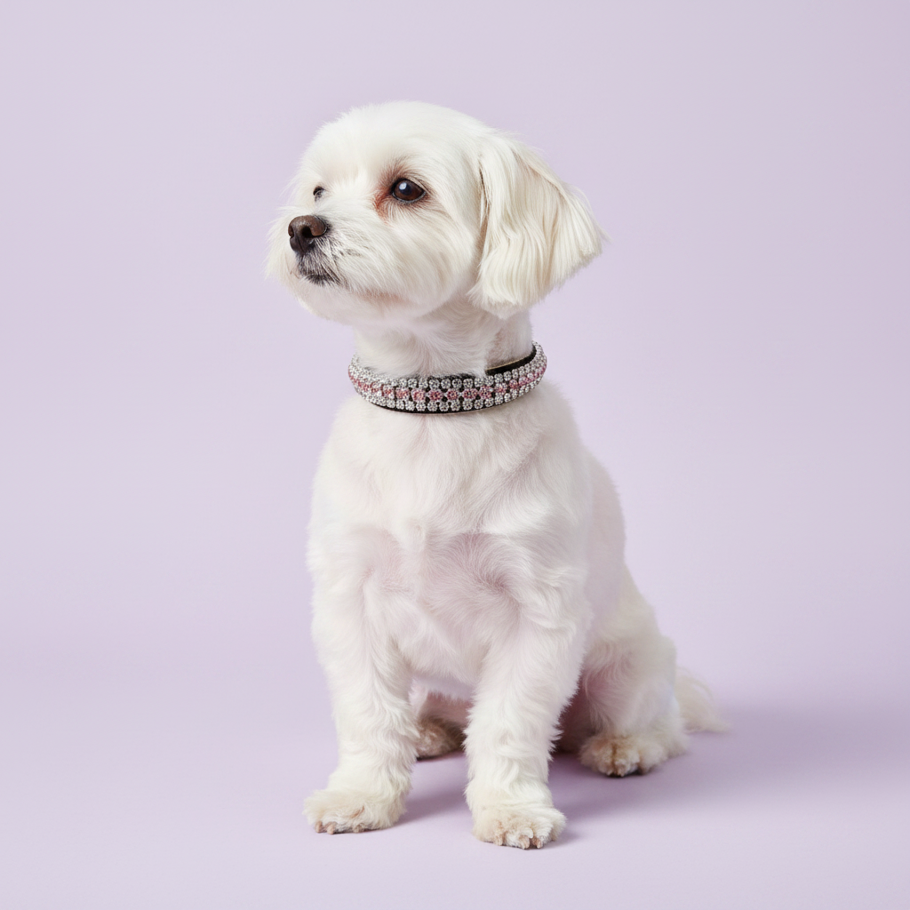 White Maltese sitting tall and gazing to the side wearing a black velvet triple-row pink crystal rhinestone collar, luxury rhinestone small dog collar on lavender background