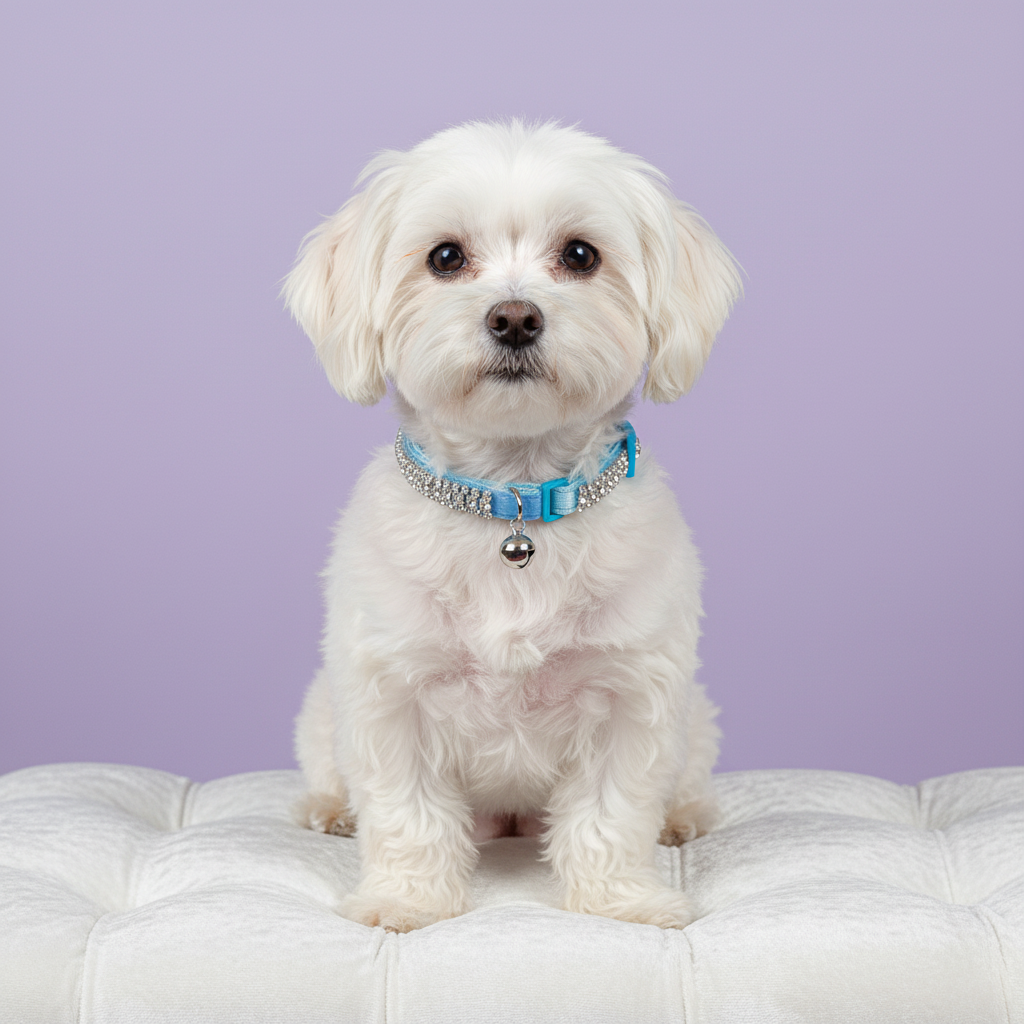 White Maltese dog sitting on a tufted white ottoman wearing a blue velvet rhinestone bow collar with silver bell, luxury crystal dog collar for small breeds on lavender background