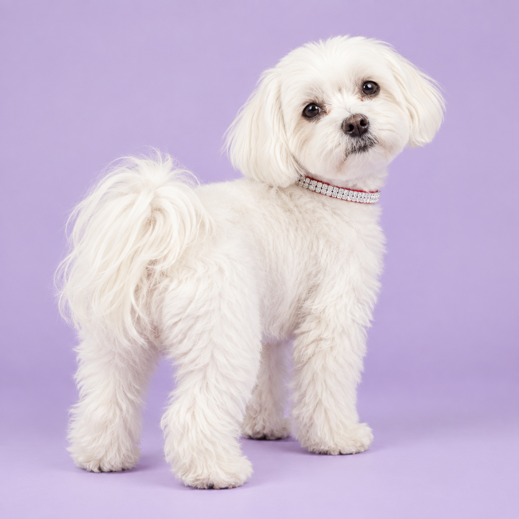Maltese standing three-quarters and glancing backward