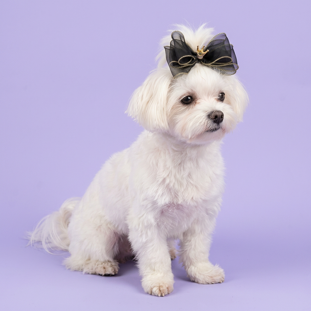 Maltese wearing the black-and-gold crown bow