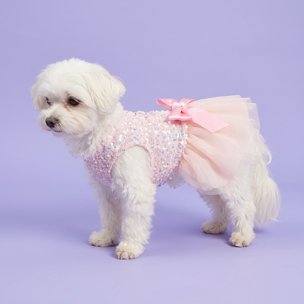 Maltese wearing the dress with a lighter pink skirt