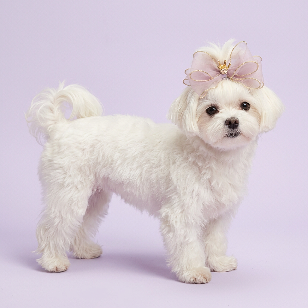 Maltese wearing the lilac and gold crown bow