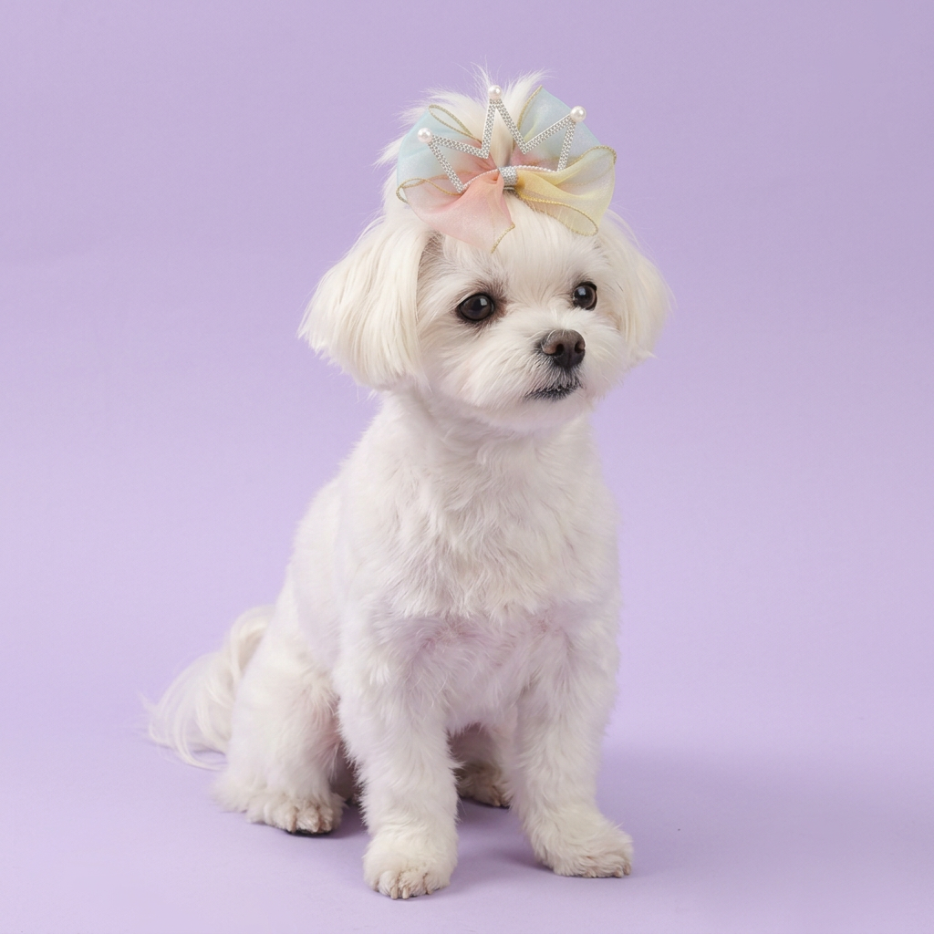 Maltese wearing the pastel rainbow crown bow