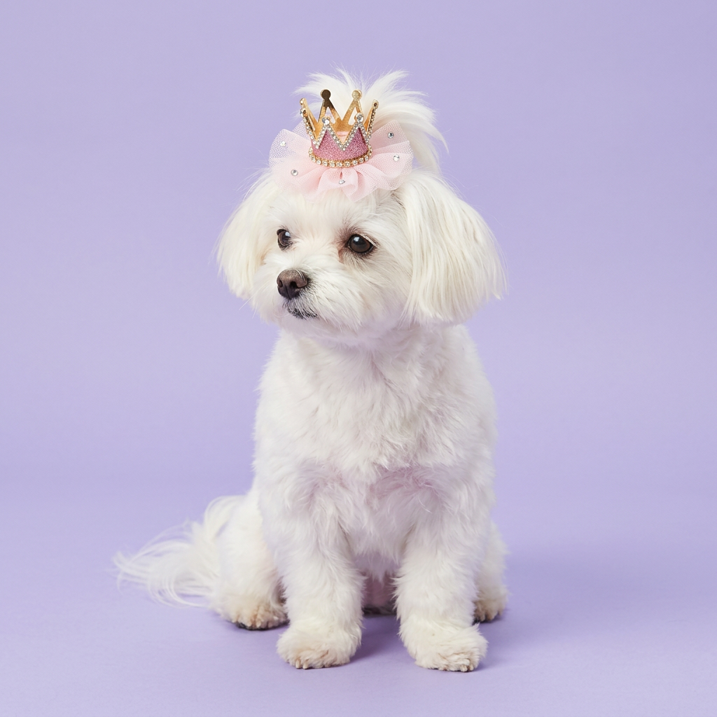 Maltese wearing the pink crown hair clip