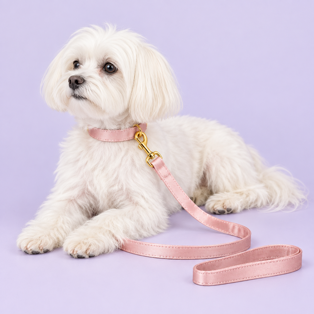 Maltese with blush-pink silky collar and leash