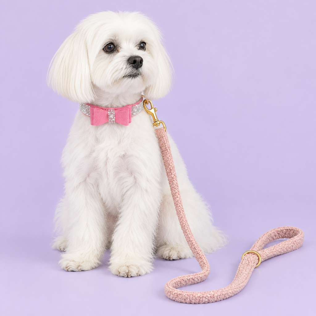 Maltese with pink fleece leash and pink bow collar