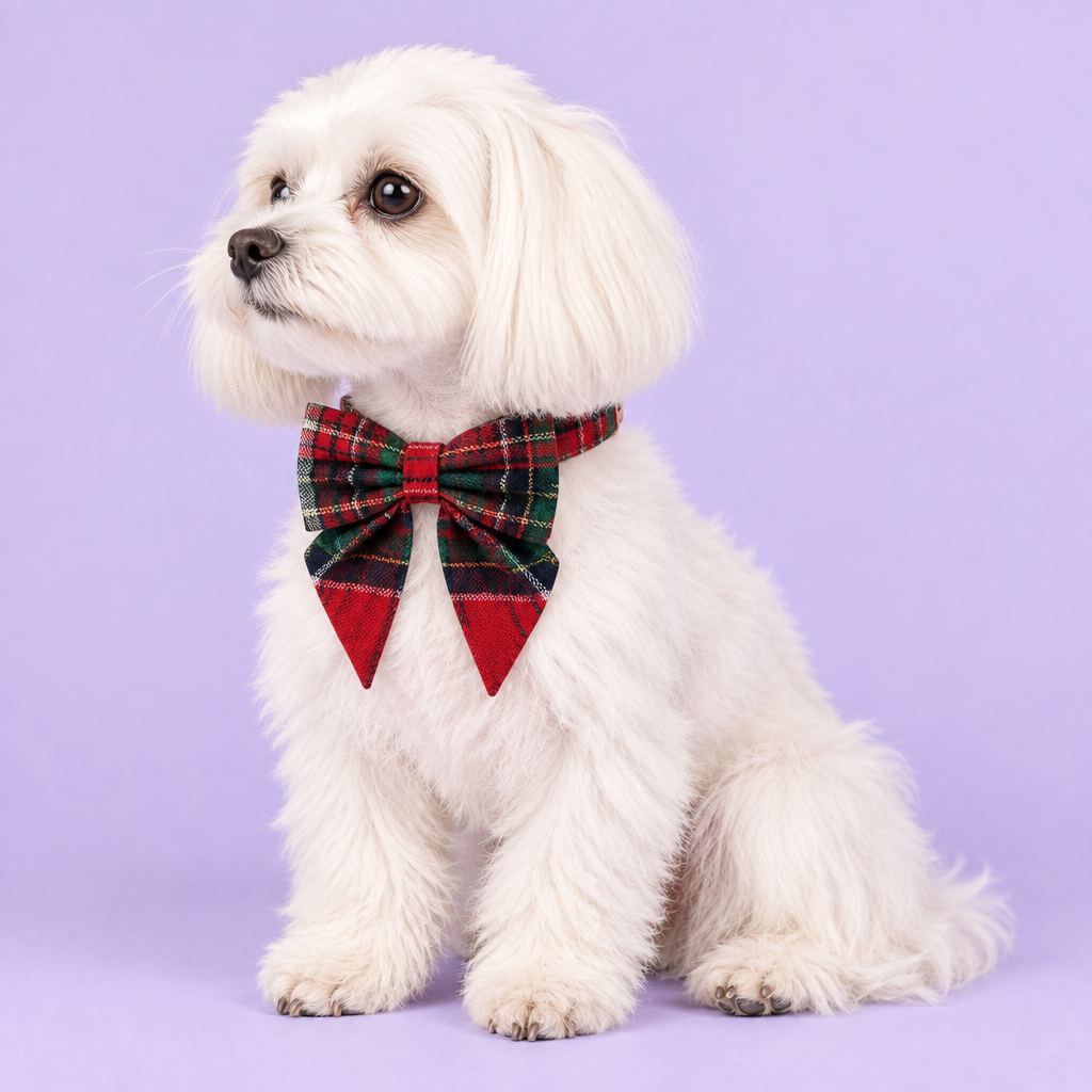 Maltese with red tartan bow at the reference size