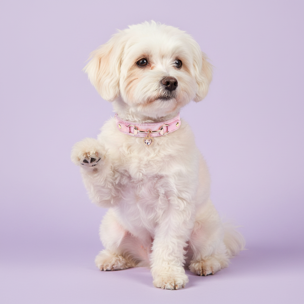 Cream Maltipoo seated upright with one paw raised in a waving pose, wearing a pink leather pet collar with rose gold snaffle-bit hardware and a clear crystal heart charm pendant, on a soft lavender background