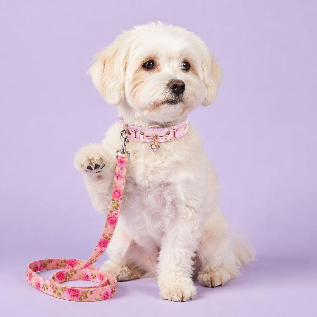 Maltipoo with leash on the floor