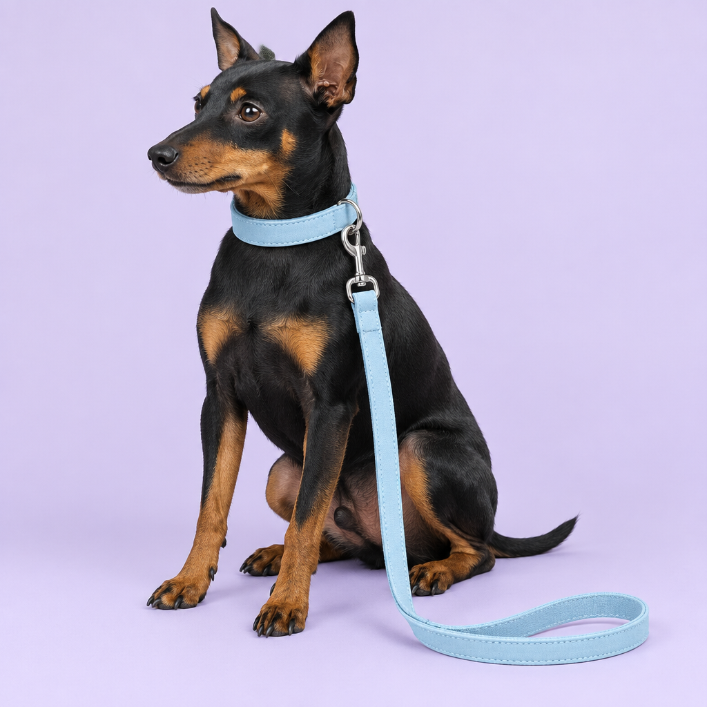 Manchester terrier wearing light blue collar and leash