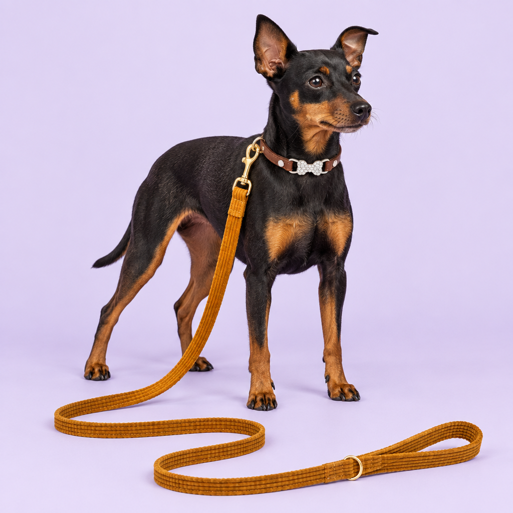 Manchester terrier with brown crystal bow collar and mustard corduroy leash
