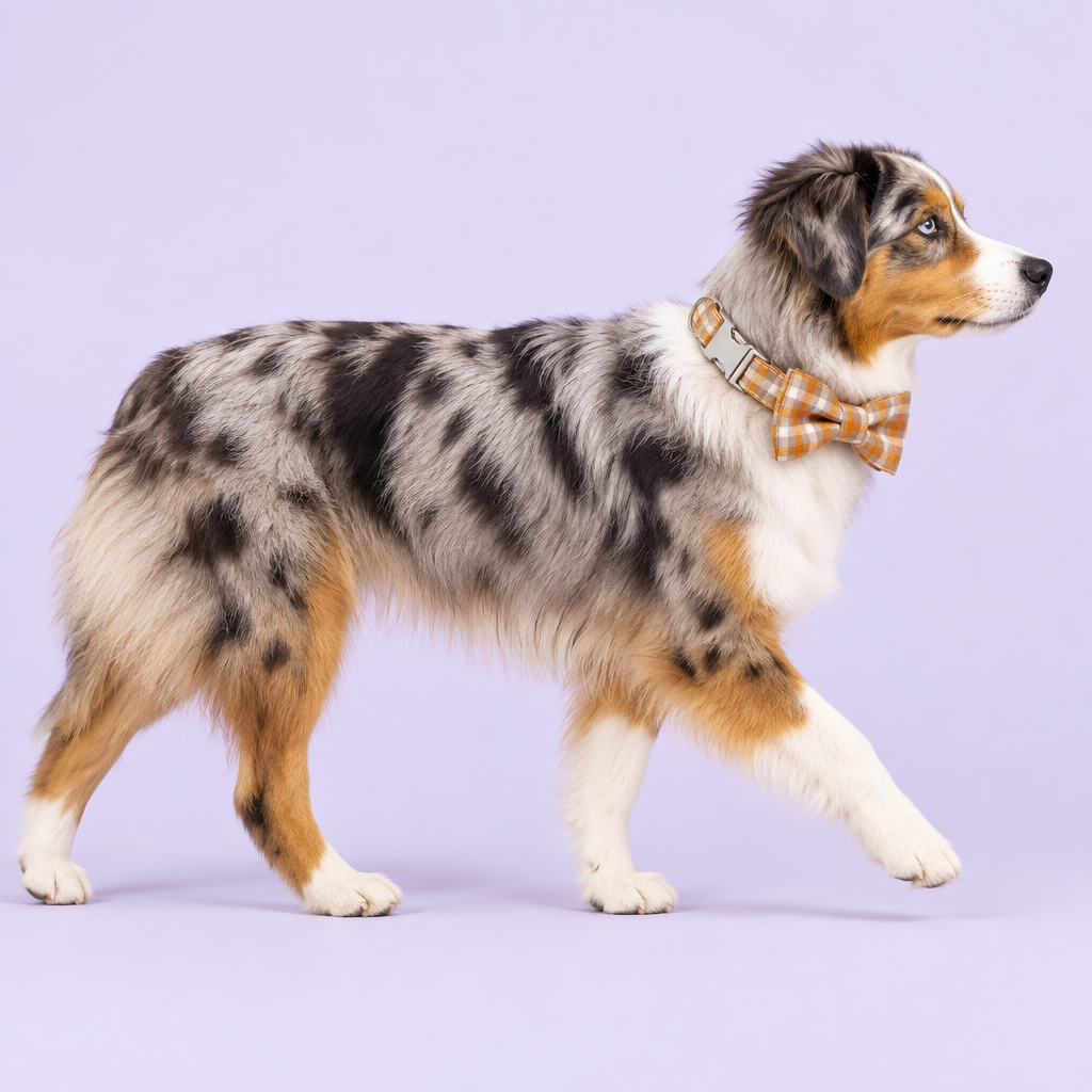 Medium Australian shepherd walking in the orange plaid collar