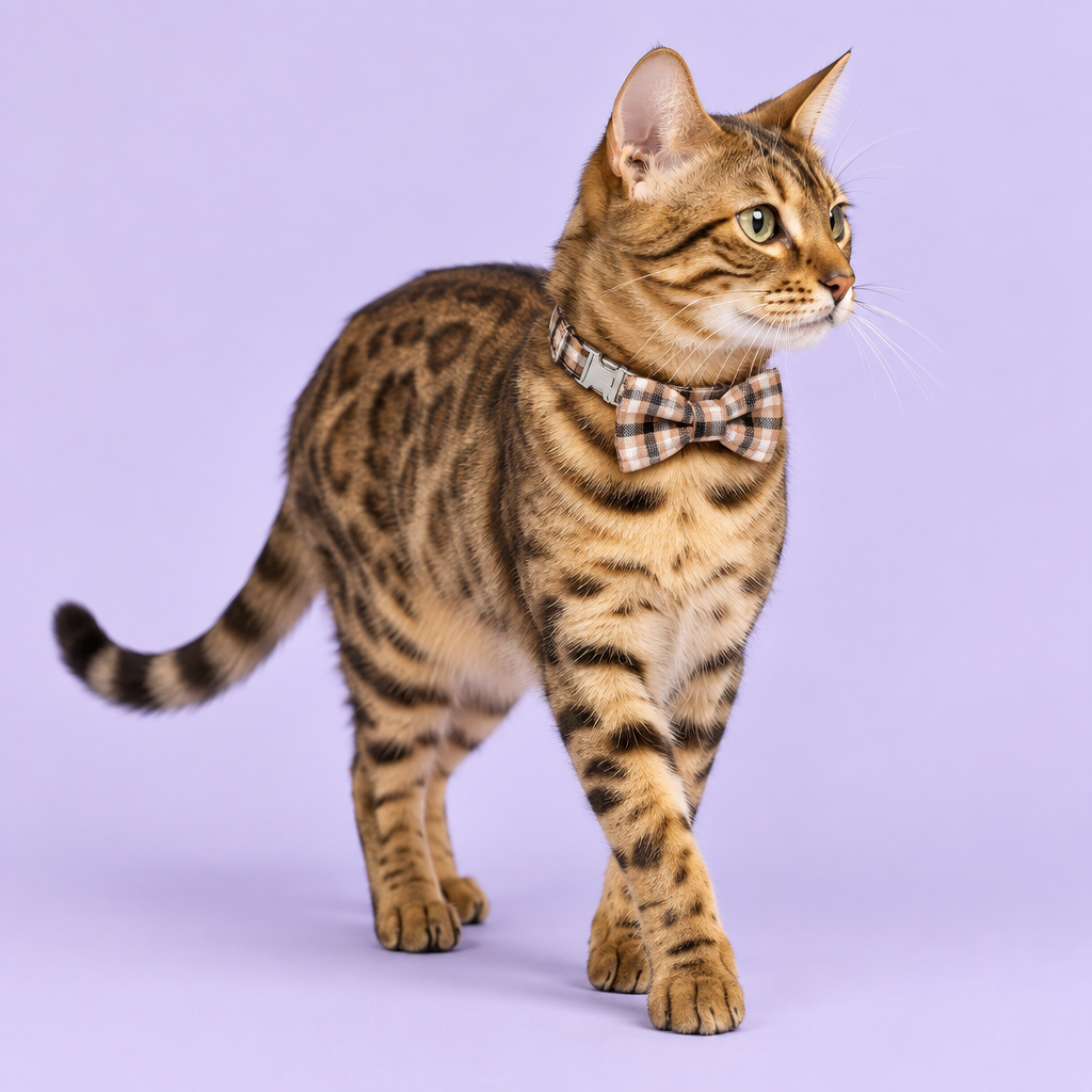 Medium Bengal cat wearing the plaid collar