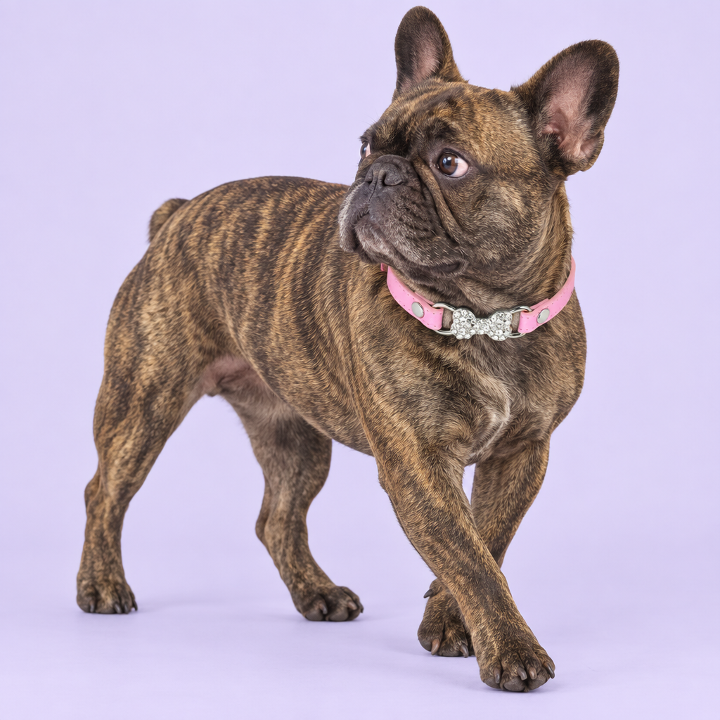 Medium brindle French bulldog walking and glancing back