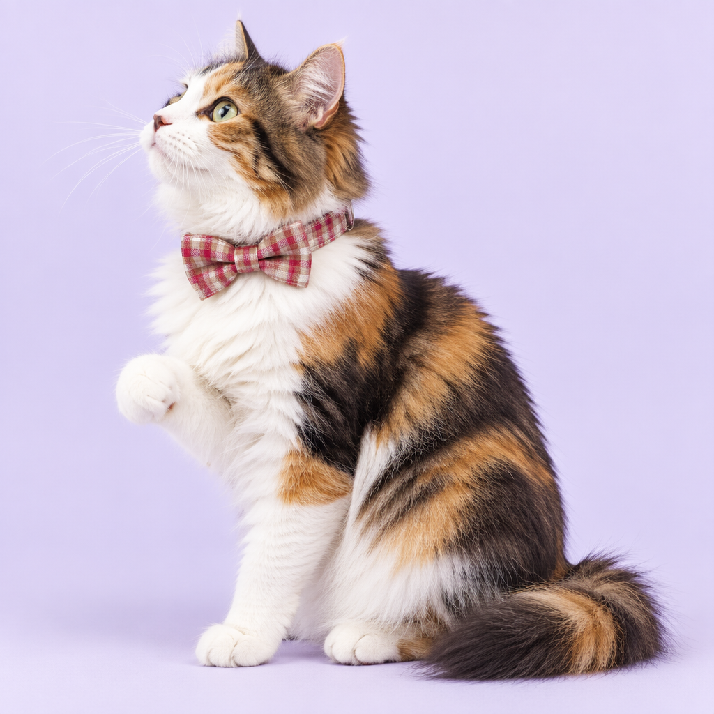 Medium calico cat wearing the red plaid collar