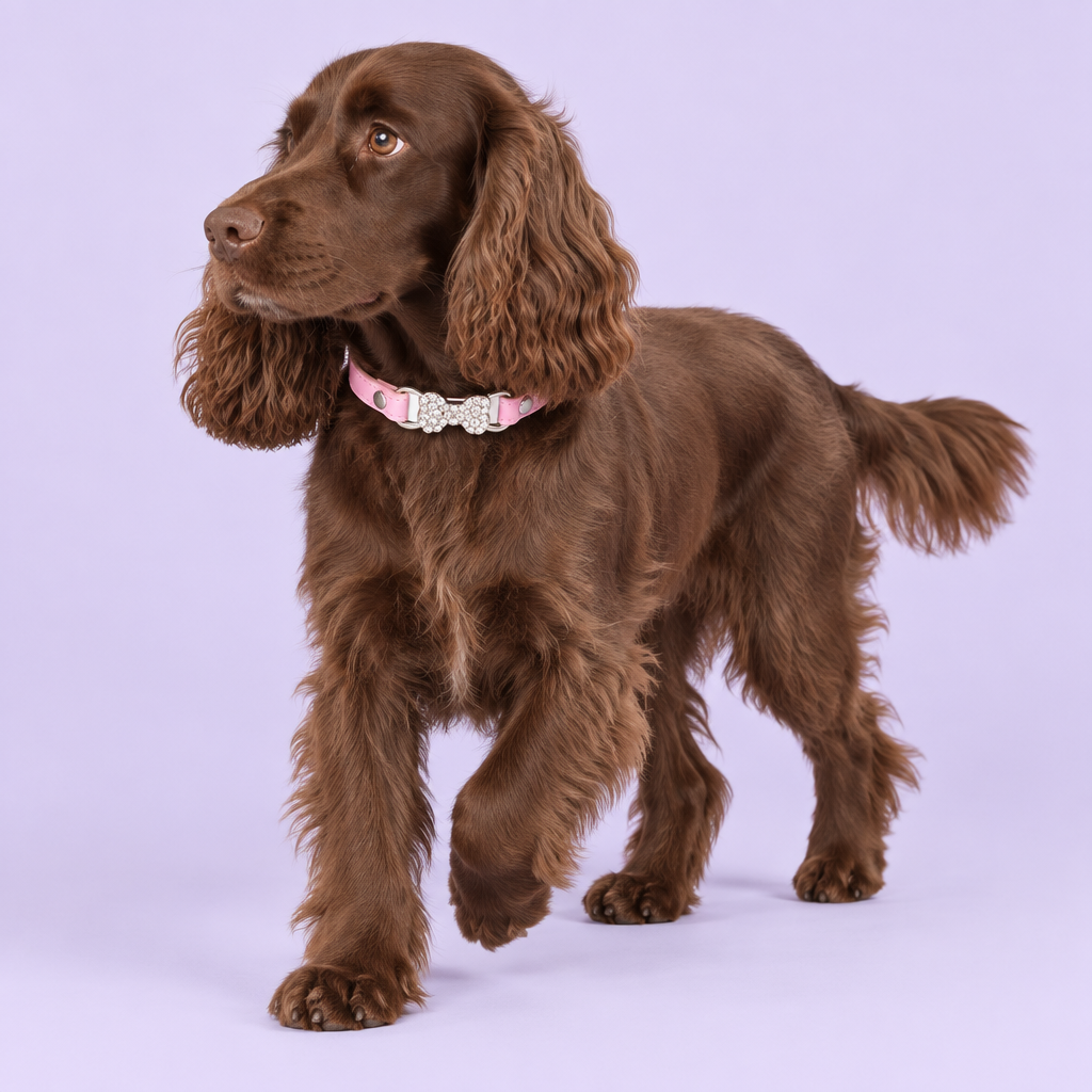 Medium chocolate cocker spaniel walking and glancing back