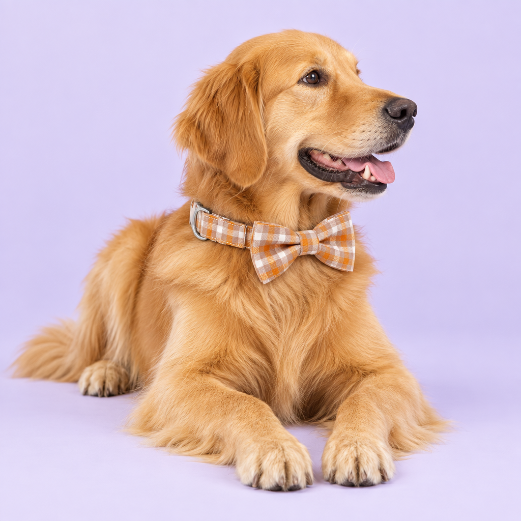 Medium dog wearing the orange plaid collar