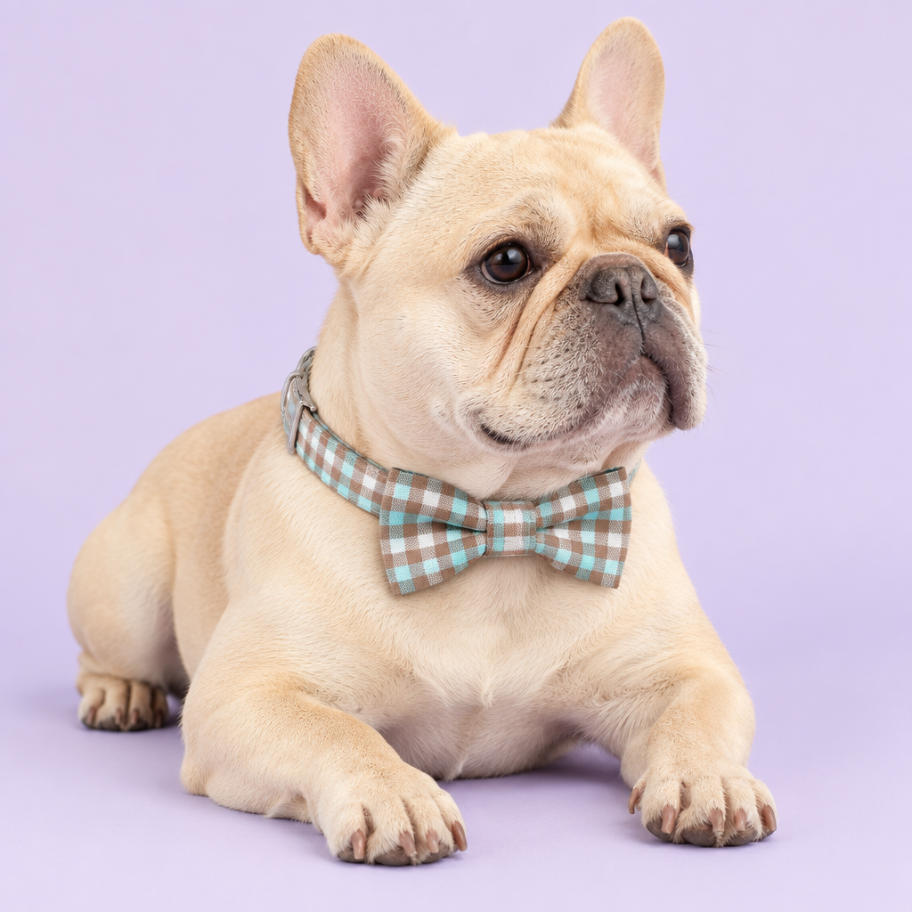 Medium French Bulldog wearing the plaid collar
