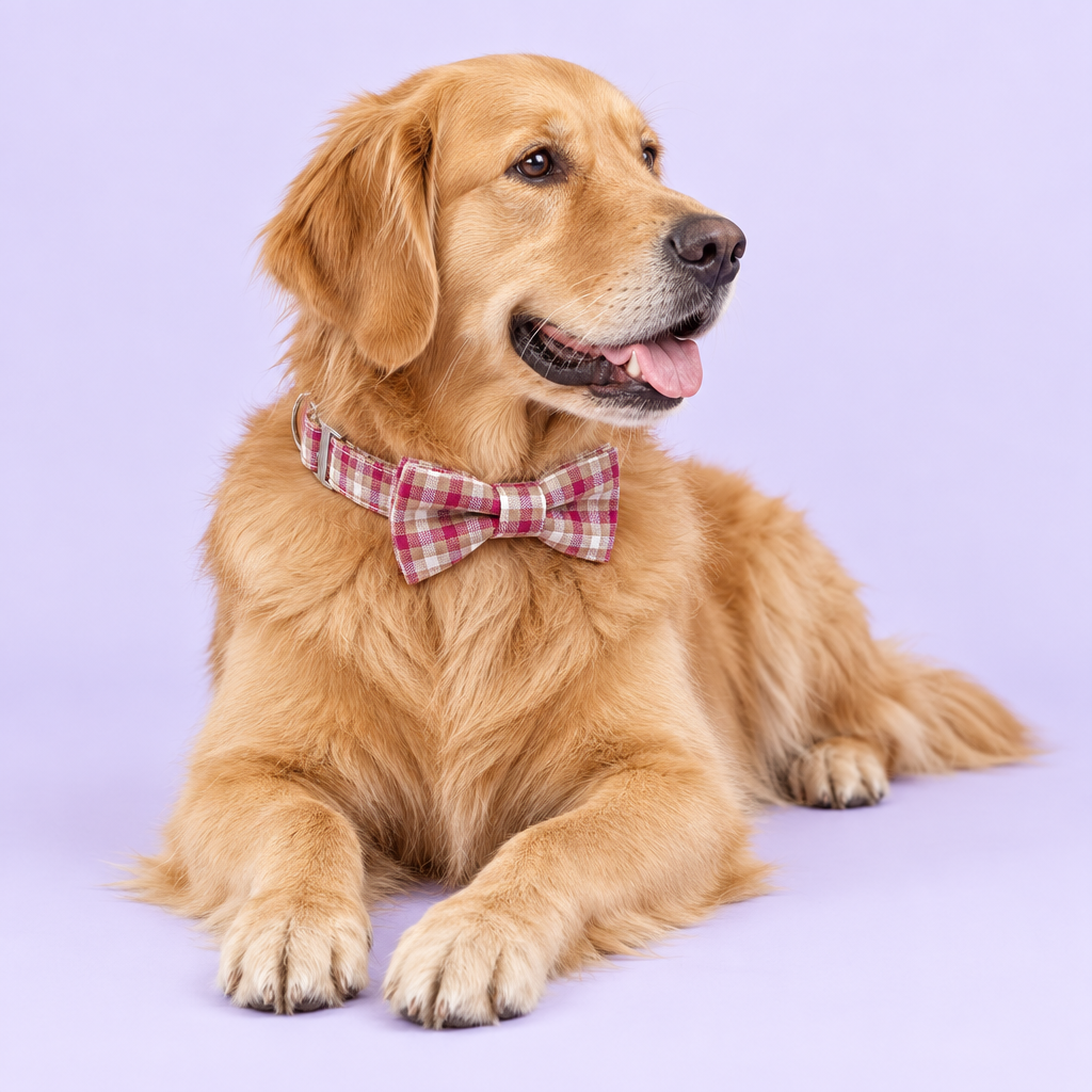 Medium golden retriever wearing the red plaid collar