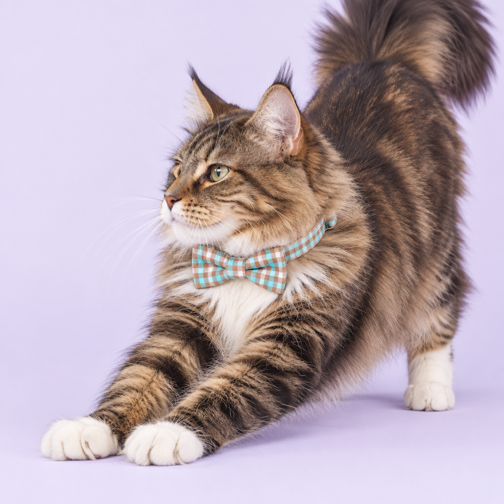 Medium Maine Coon wearing the plaid collar