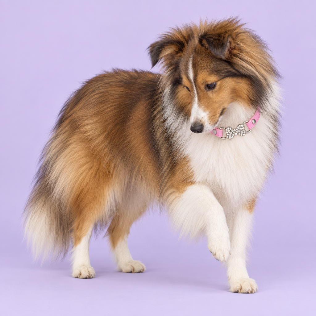 Medium Shetland sheepdog pausing with its gaze lowered