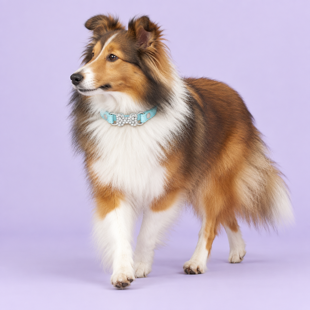 Medium Shetland sheepdog walking and glancing back