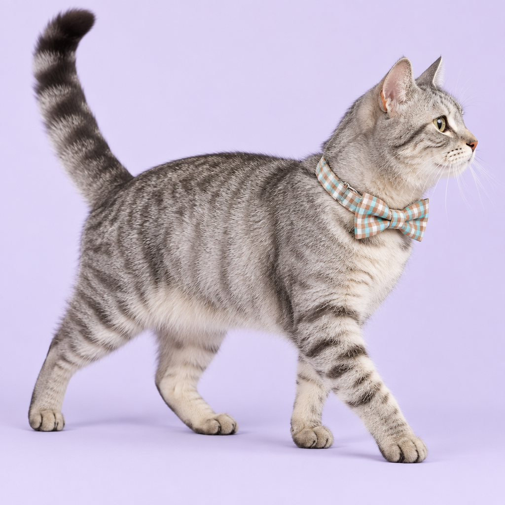 Medium silver tabby wearing the plaid collar