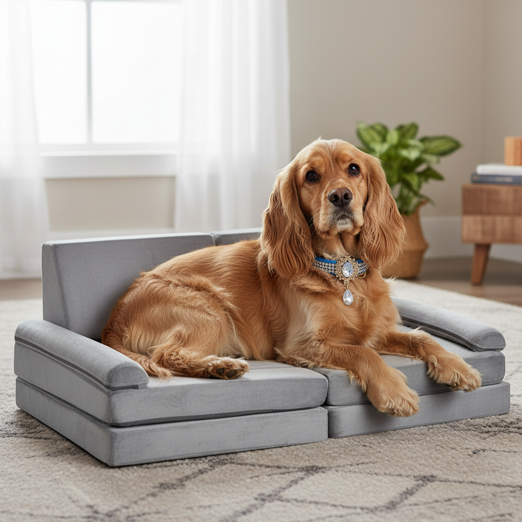 Medium-sized cocker spaniel wearing the exact blue ornate collar on the proportional 43-inch sofa pet bed