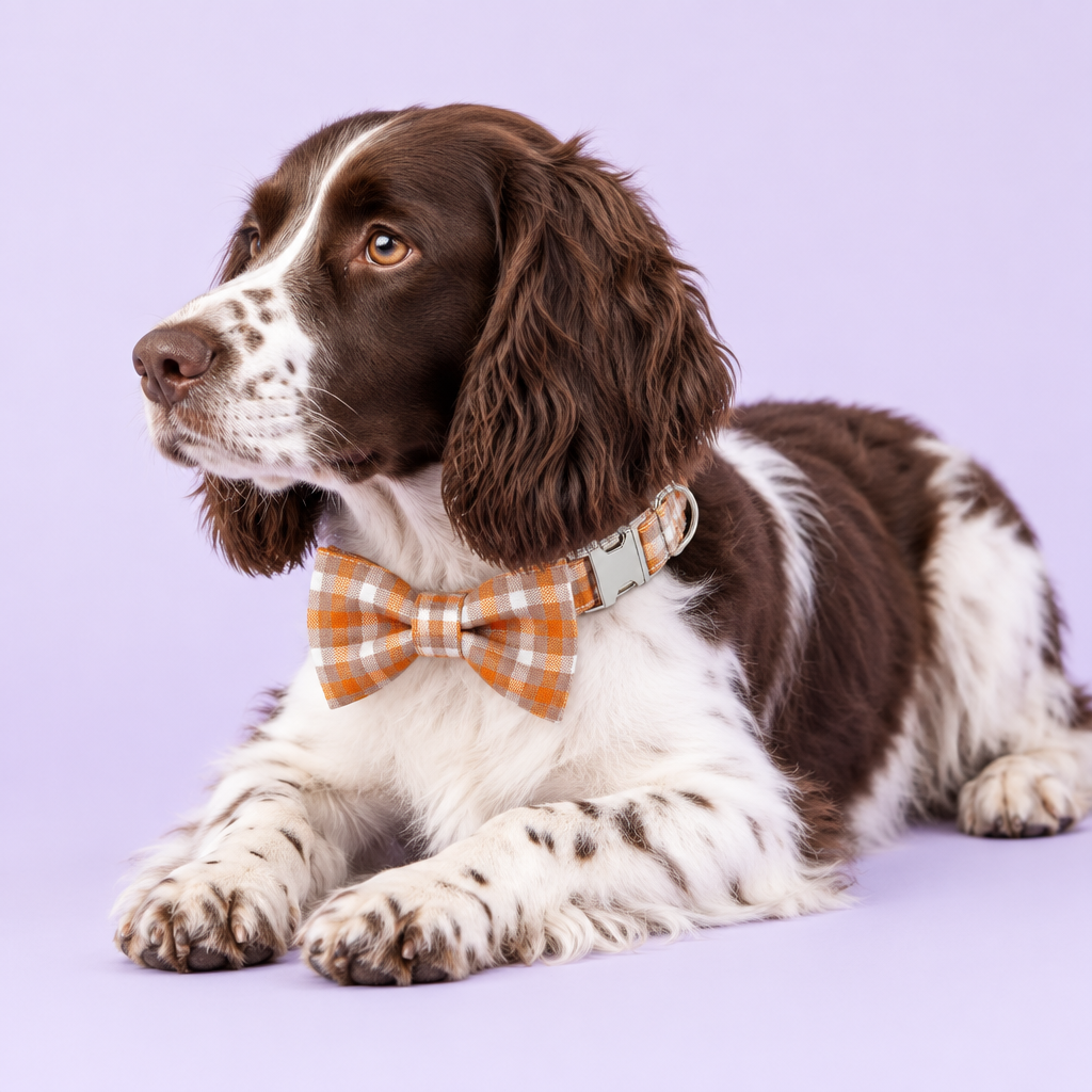 Medium spaniel resting in the orange plaid collar