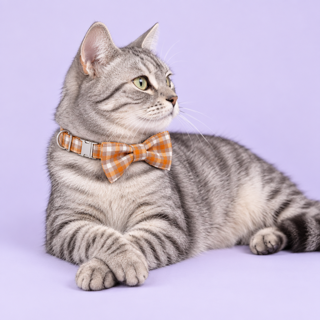 Medium tabby relaxing in the orange plaid collar