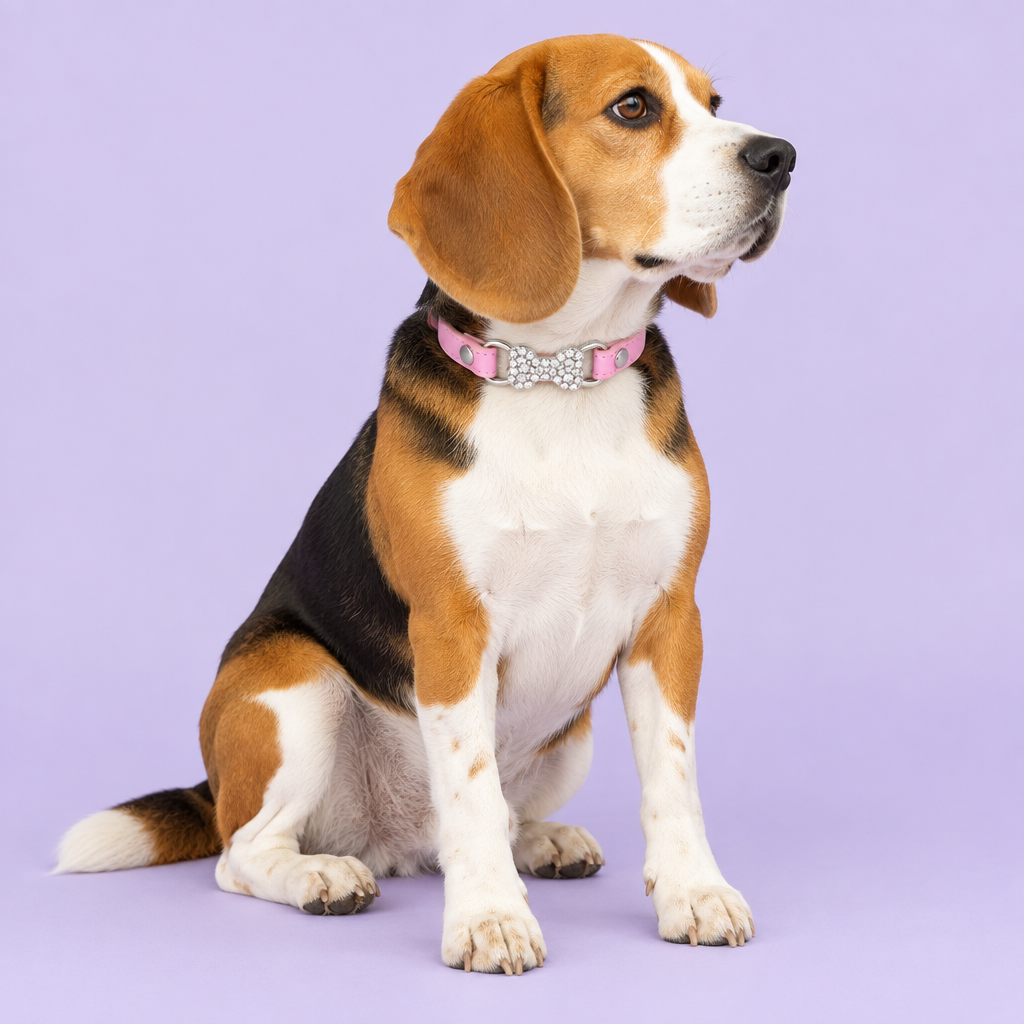 Medium tricolor beagle seated and looking right