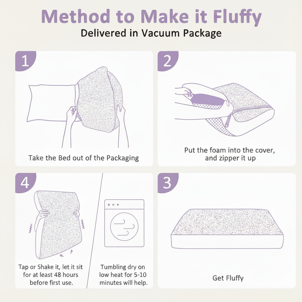 Step-by-step guide to fluffing a vacuum-packed pet bed: remove from packaging, insert foam into cover and zip, shake or tap and let sit 48 hours, tumble dry on low heat 5–10 minutes to restore fluffiness