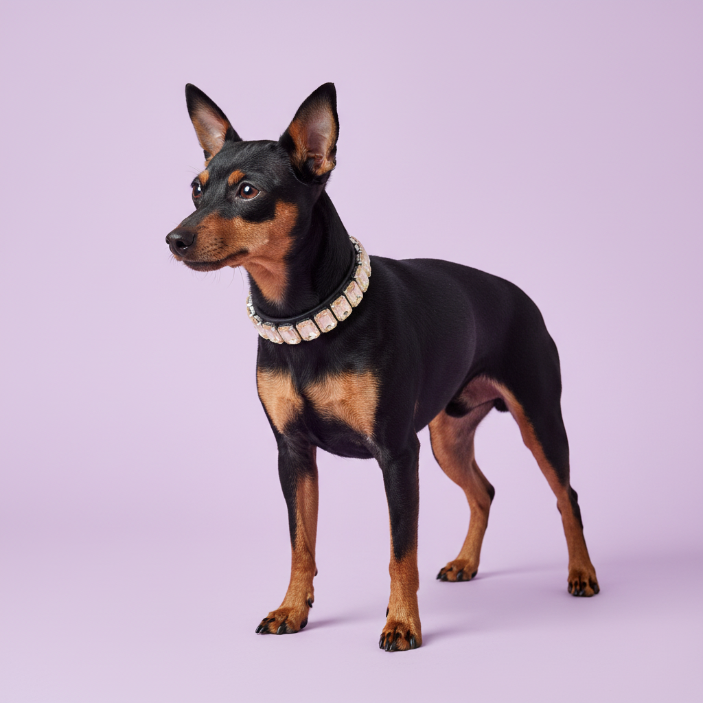 Black and tan Miniature Pinscher standing in profile and wearing a clear crystal rhinestone collar against a soft lavender studio background.