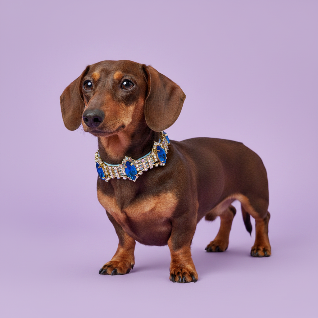 Miniature Dachshund standing in three-quarter view wearing a blue sapphire crystal rhinestone dog collar