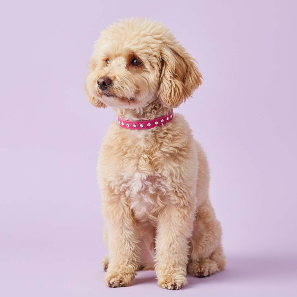 Cream miniature poodle wearing a hot pink rhinestone crystal leather dog collar, seated full body studio portrait on lavender background