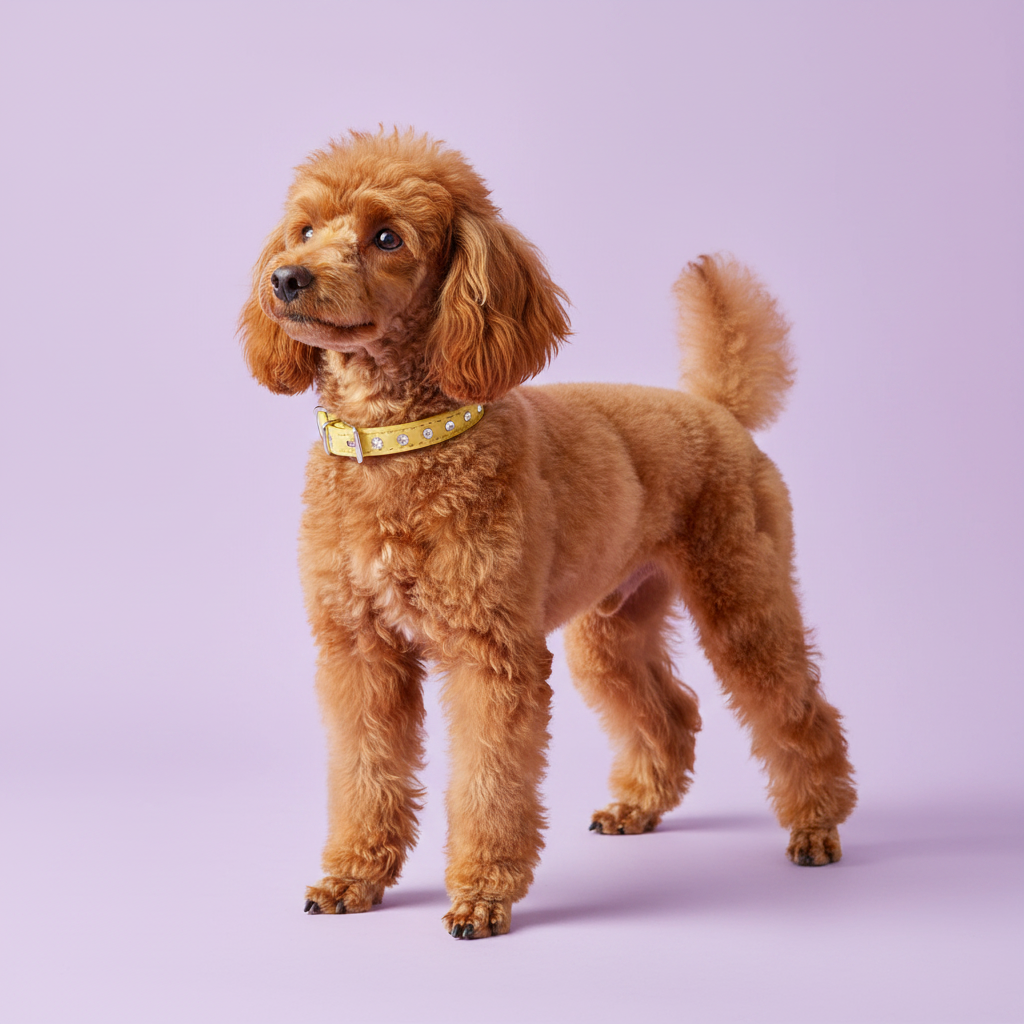 Apricot miniature poodle wearing a yellow rhinestone crystal leather dog collar, full body side profile studio portrait on lavender background