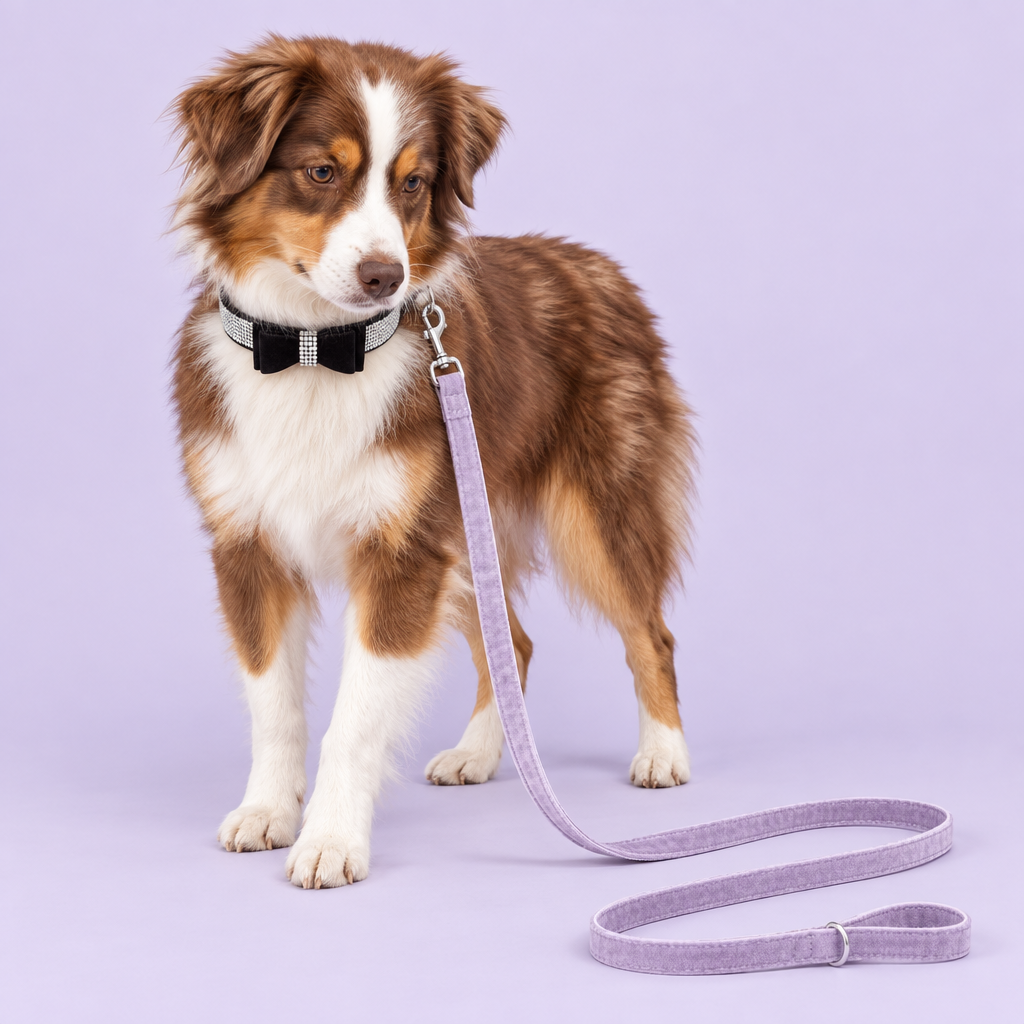 Miniature American shepherd with black bow collar and lavender leash