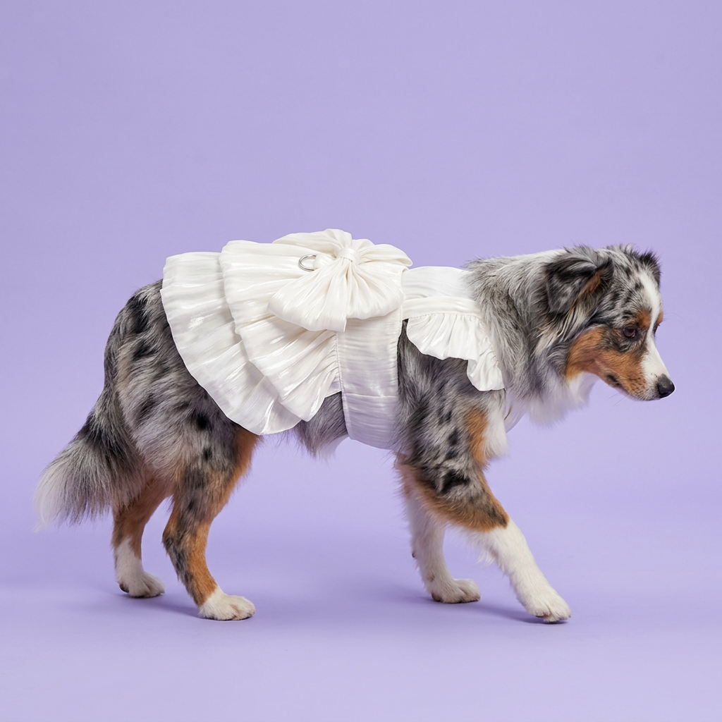 Miniature Aussie wearing the white bow dress