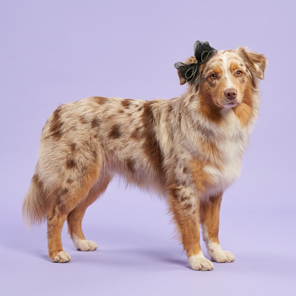 Miniature Australian shepherd wearing the black-and-gold crown bow