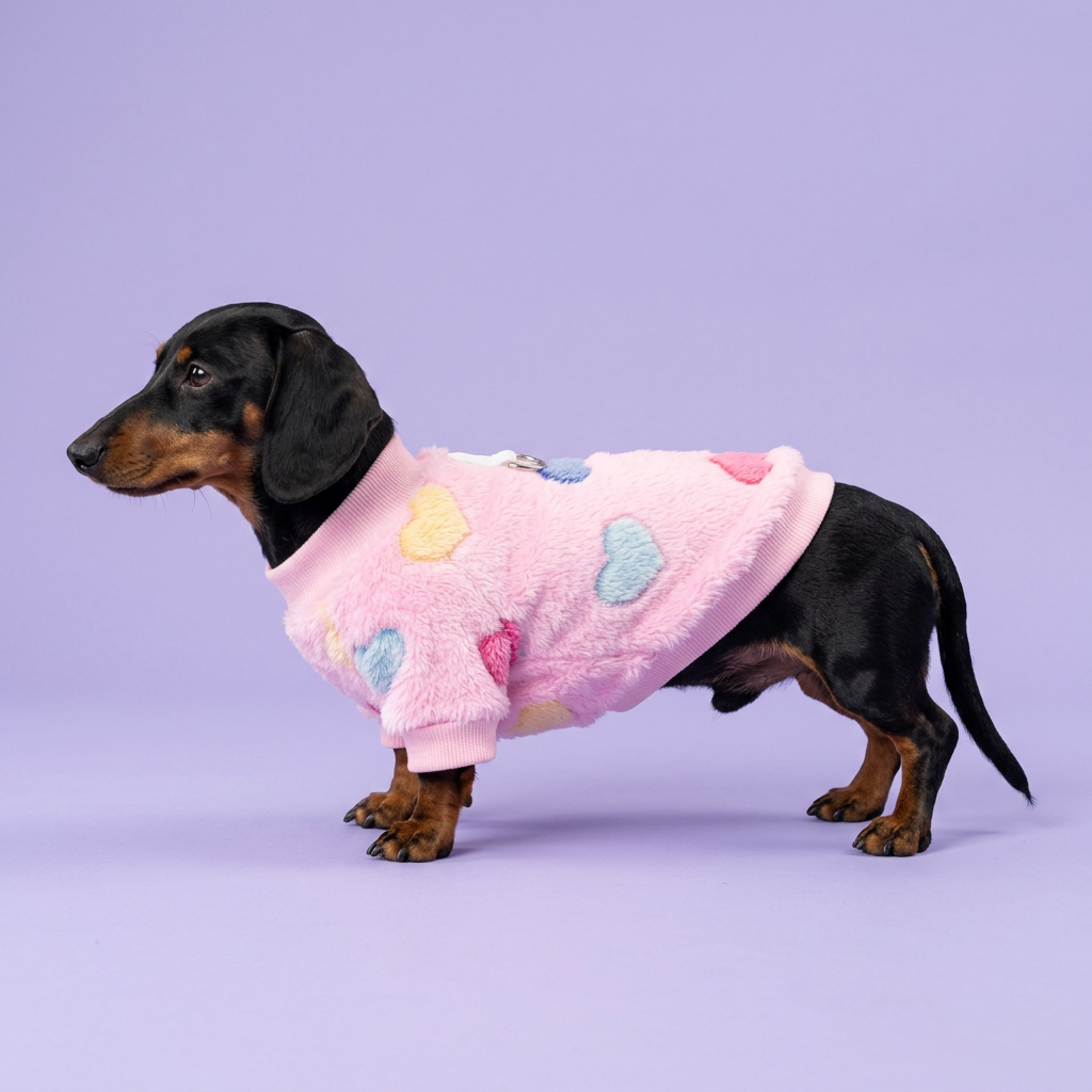 Miniature dachshund in the fluffy pink heart sweater
