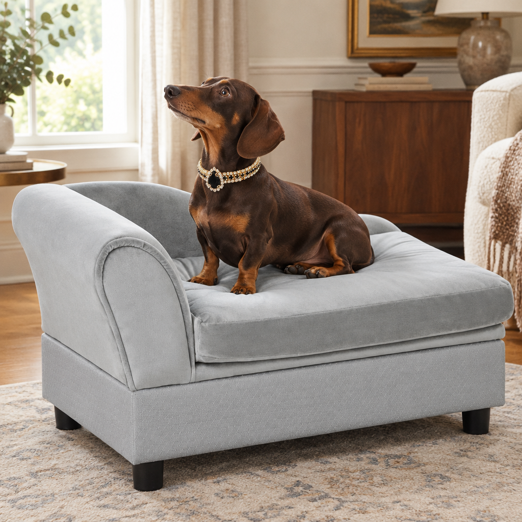 Miniature dachshund on the silver couch wearing the black gemstone collar