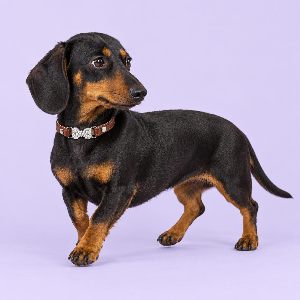 Miniature dachshund walking while glancing back