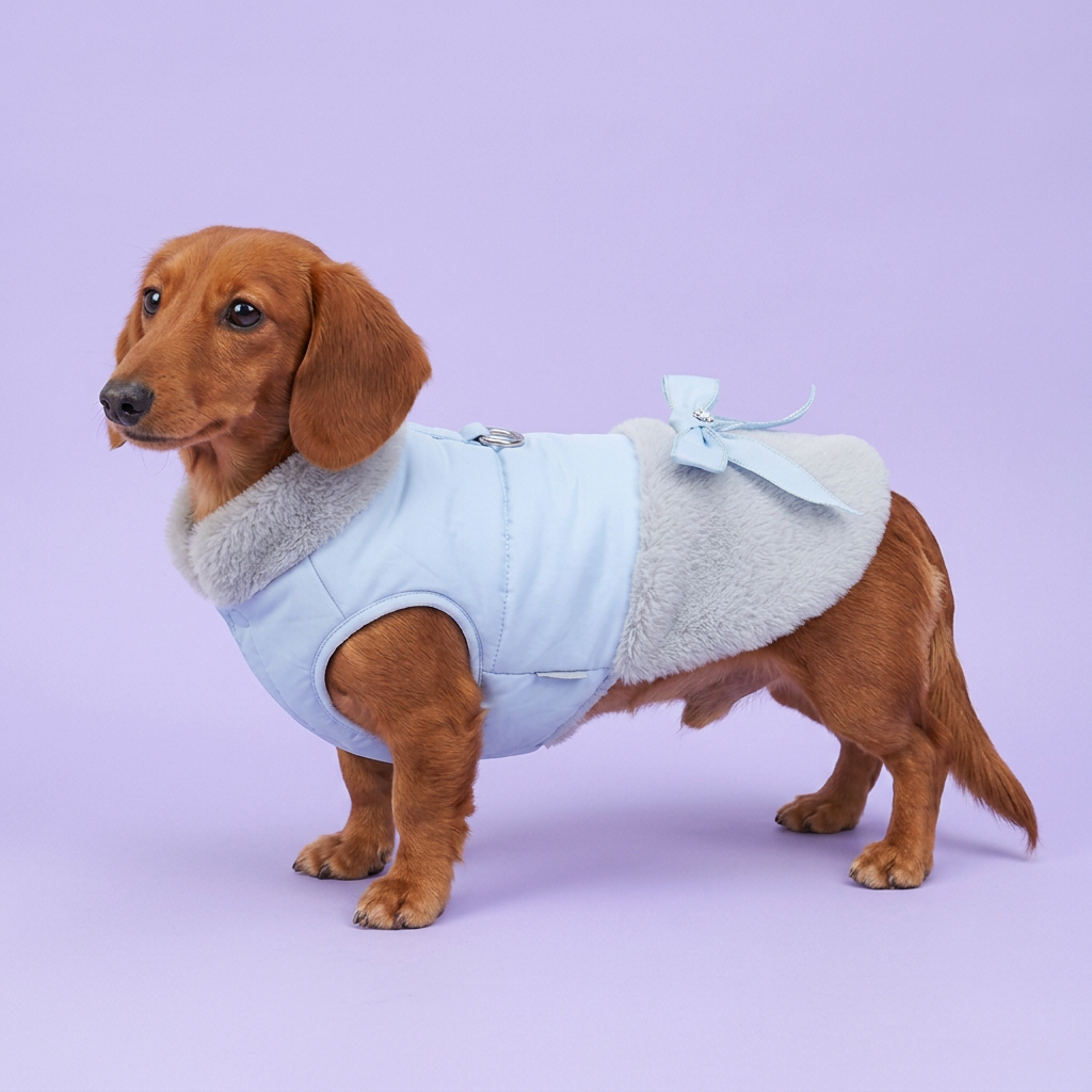 Miniature Dachshund wearing the blue and gray sleeveless coat on lavender