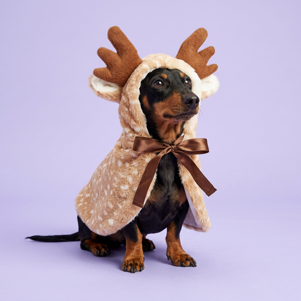 Miniature dachshund wearing the reindeer cape
