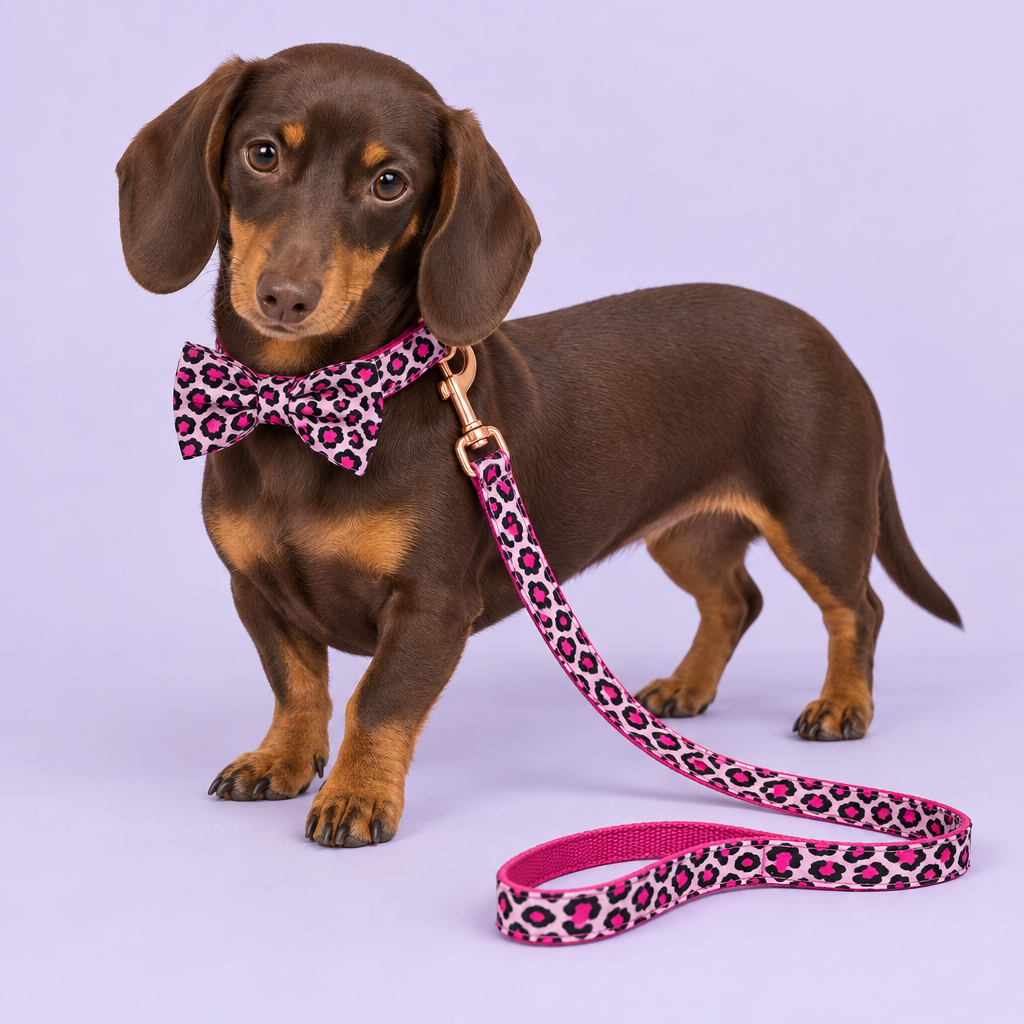 Miniature Dachshund with pink leopard bow collar and matching leash