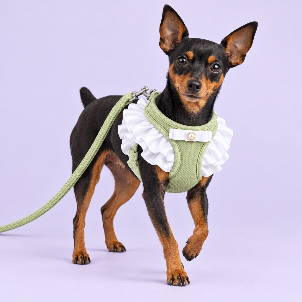 Miniature Pinscher in pale-green ruffled harness