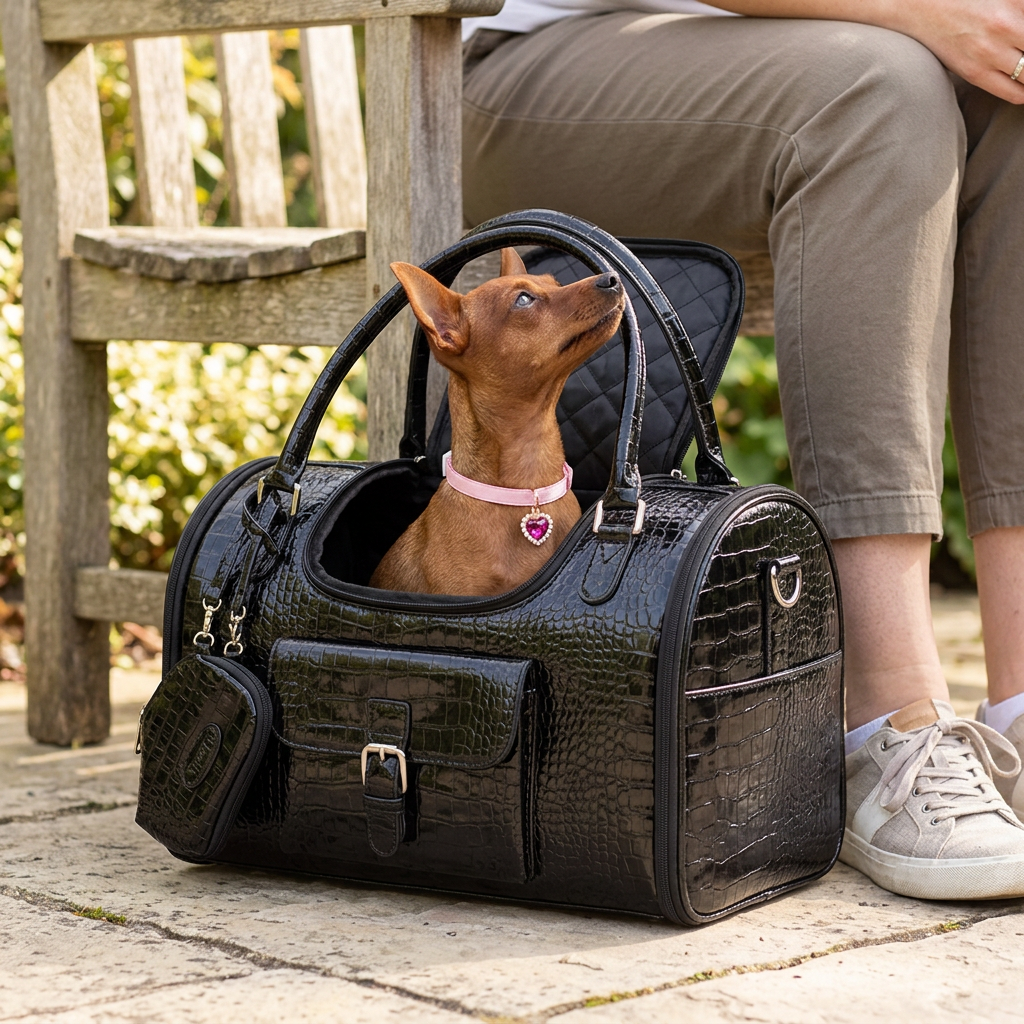 Miniature pinscher lifestyle mockup in the black crocodile-textured carrier beside a garden bench