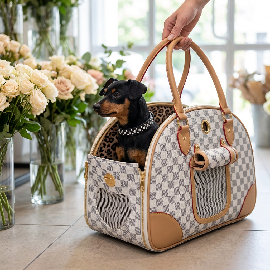 Miniature pinscher lifestyle mockup in the checkered carrier with a black rhinestone collar