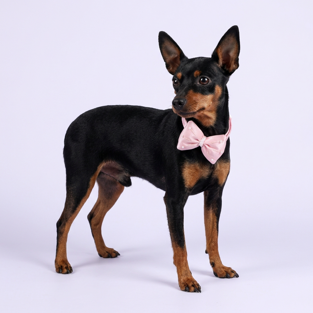 Miniature pinscher standing in pink bow collar